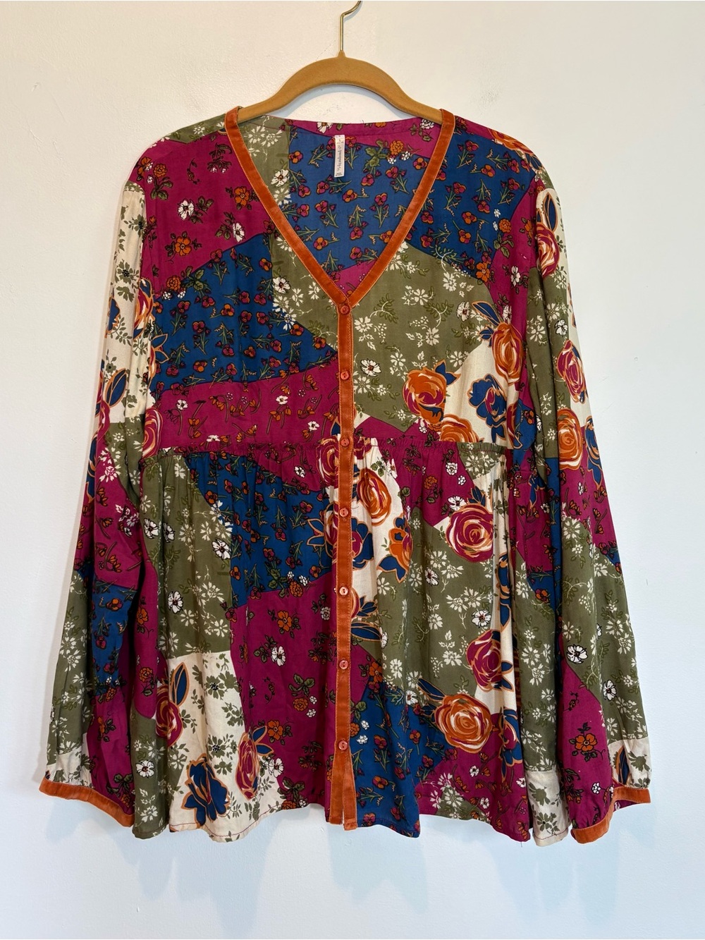 Bohemian Patchwork Velvet Trim Babydoll Tunic Top Large Long Sleeve Fall